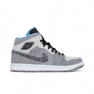Air Jordan 1 Mid Grå Blå Sort Sko Herre