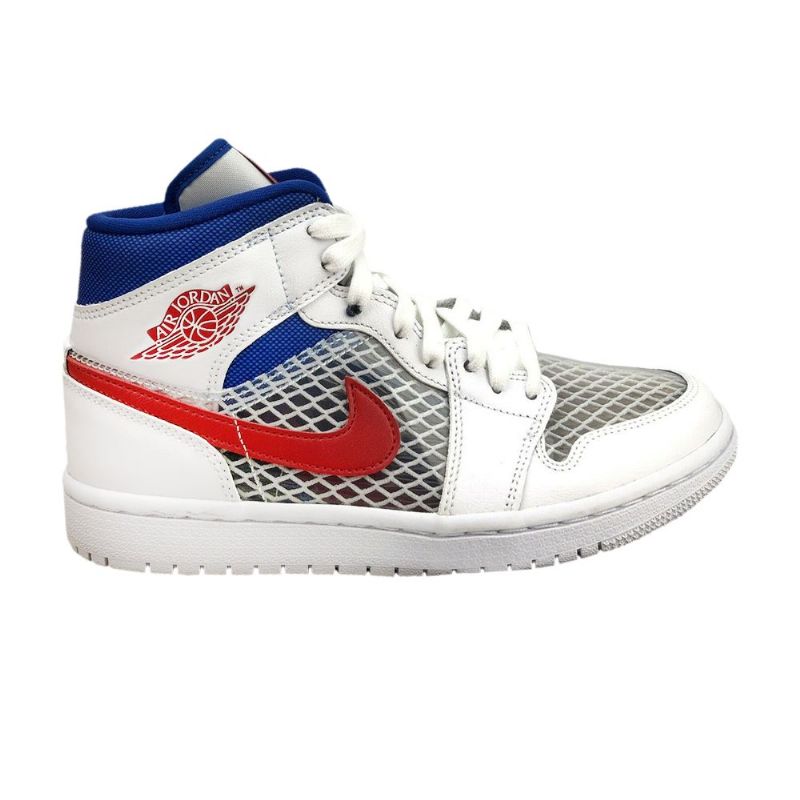 Air Jordan 1 Mid Hvid Grå Blå Rød Sko Dame