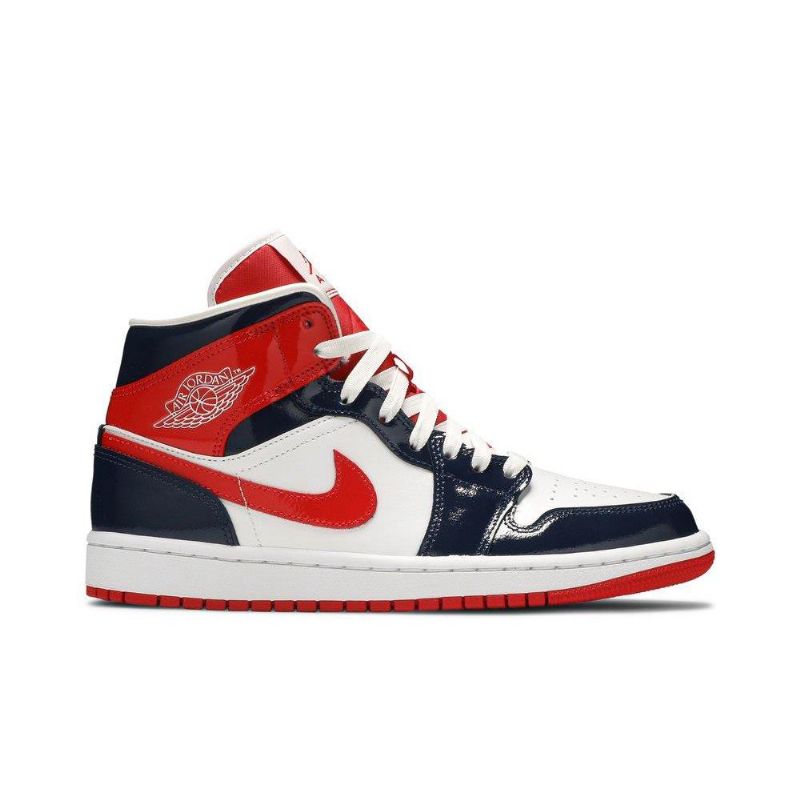 Air Jordan 1 Mid Marineblå Rød Hvid Sko Dame