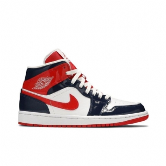 Air Jordan 1 Mid Marineblå Rød Hvid Sko Dame