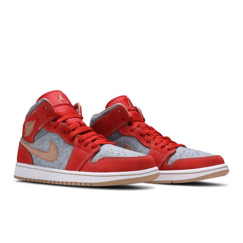 Air Jordan 1 Mid Rød Grå Hvid Sko Herre