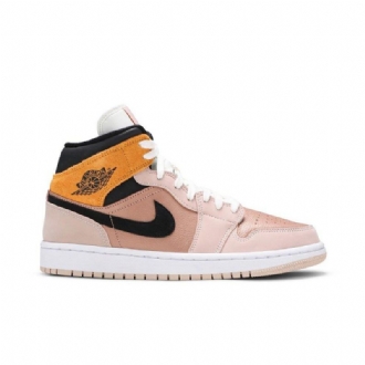 Air Jordan 1 Mid Se Beige Guld Sort Hvid Sko Dame
