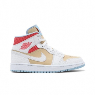 Air Jordan 1 Mid Se Hvid Brun Rød Blå Sko Dame