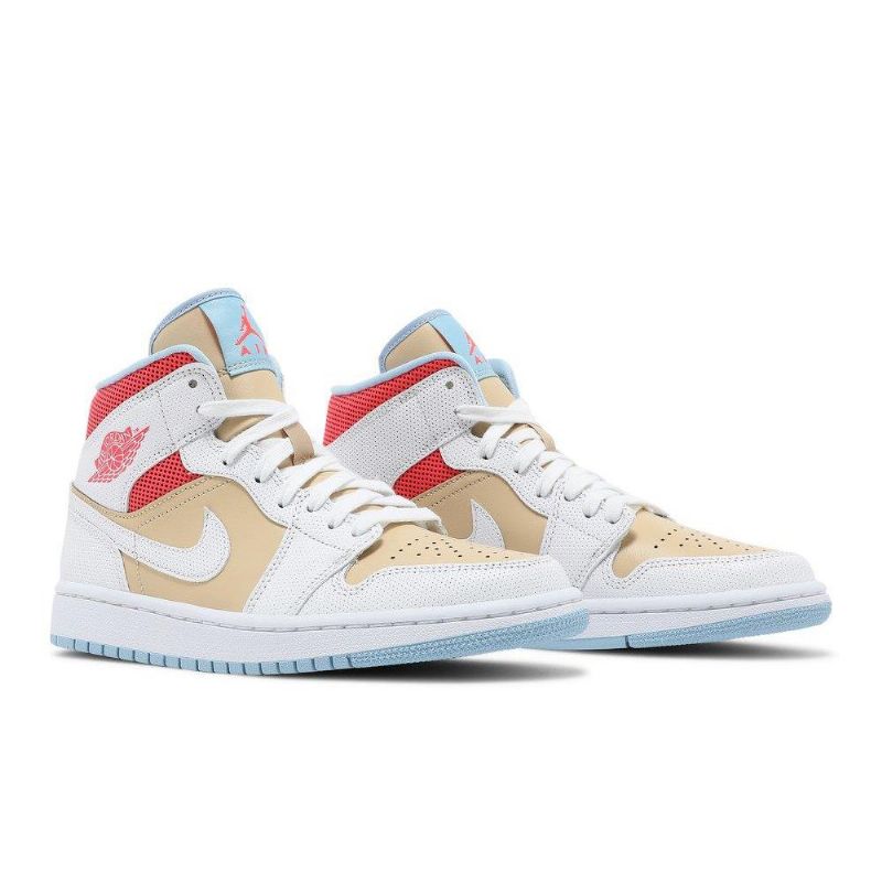 Air Jordan 1 Mid Se Hvid Brun Rød Blå Sko Dame