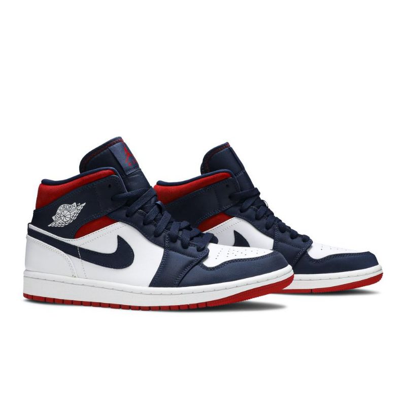 Air Jordan 1 Mid Se Hvid Marineblå Rød Sko Herre