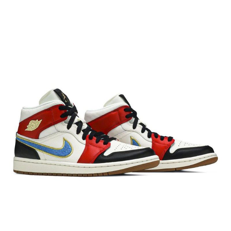 Air Jordan 1 Mid Se Hvid Rød Sort Guld Sko Dame
