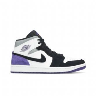 Air Jordan 1 Mid Se Hvid Sort Grå Lilla Sko Herre