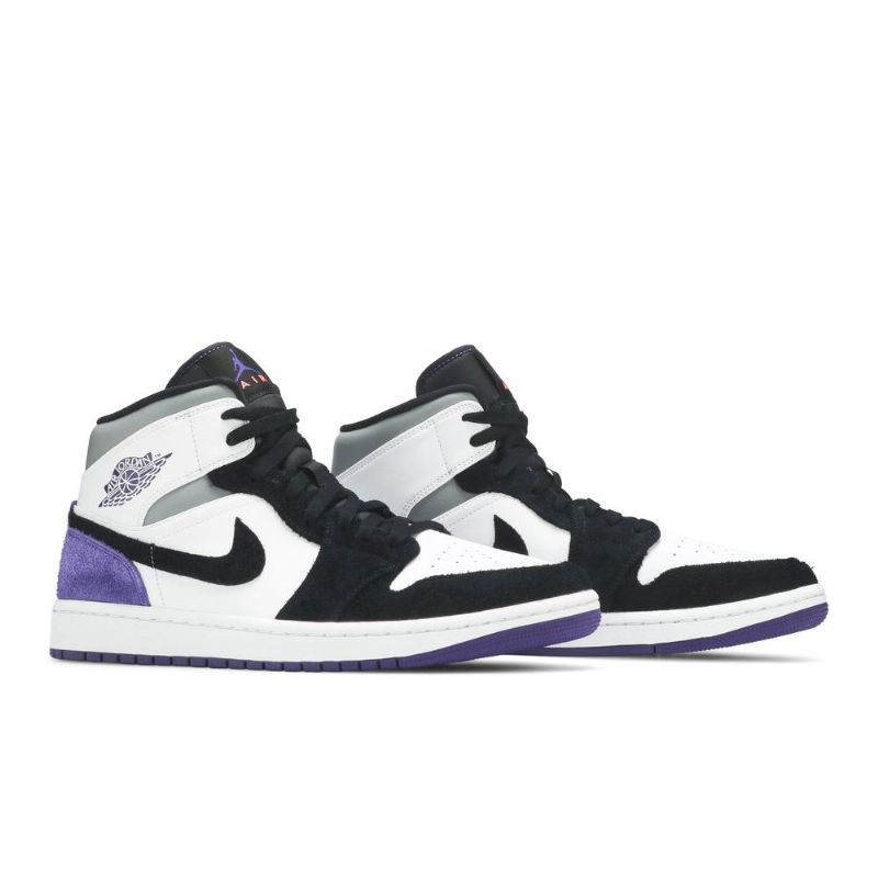 Air Jordan 1 Mid Se Hvid Sort Grå Lilla Sko Herre
