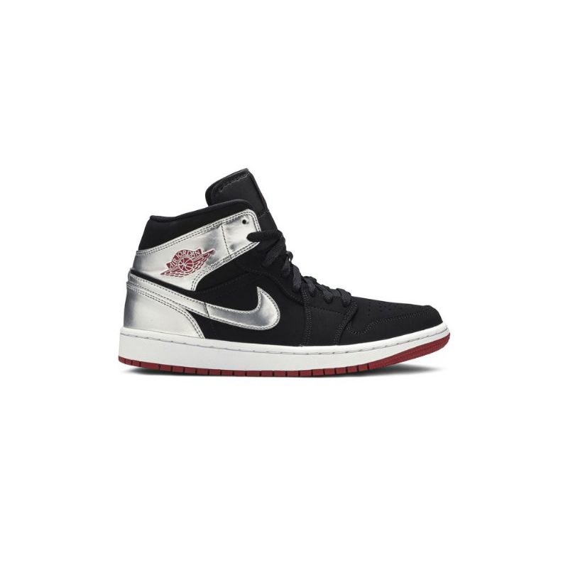 Air Jordan 1 Mid Sort Sølv Rød Sko Herre