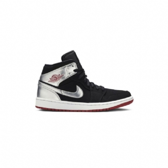 Air Jordan 1 Mid Sort Sølv Rød Sko Herre