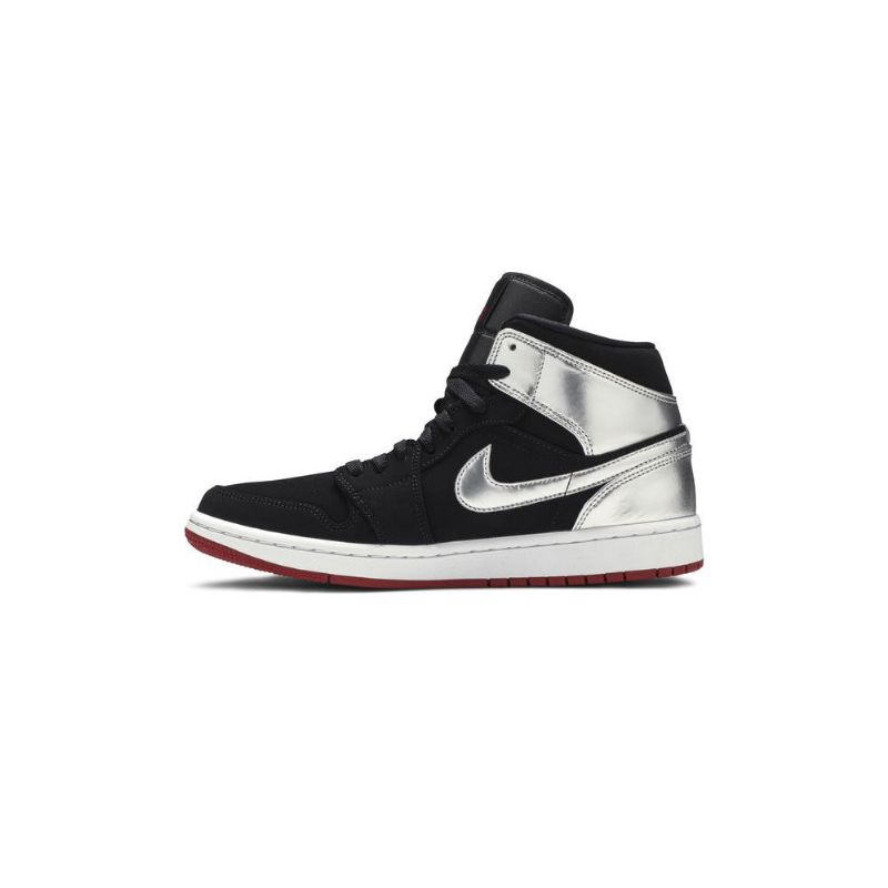 Air Jordan 1 Mid Sort Sølv Rød Sko Herre