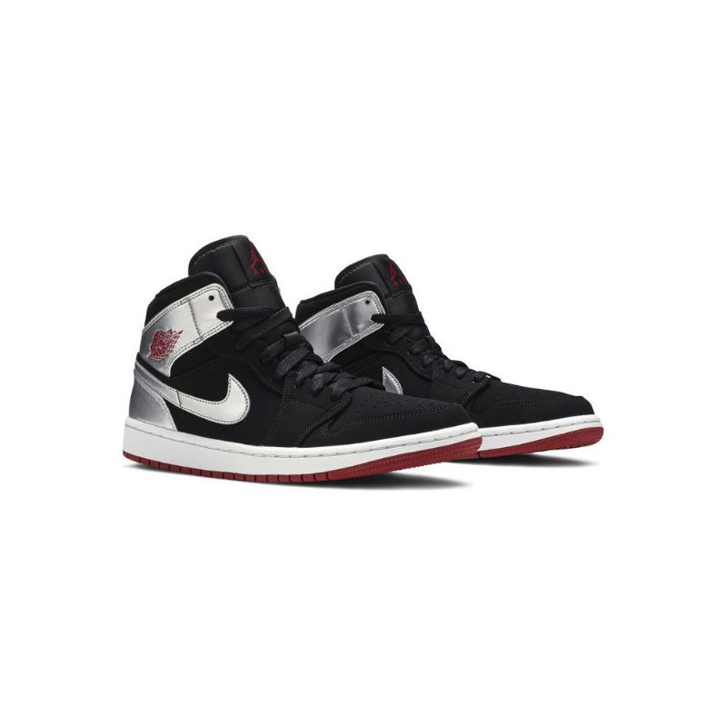 Air Jordan 1 Mid Sort Sølv Rød Sko Herre