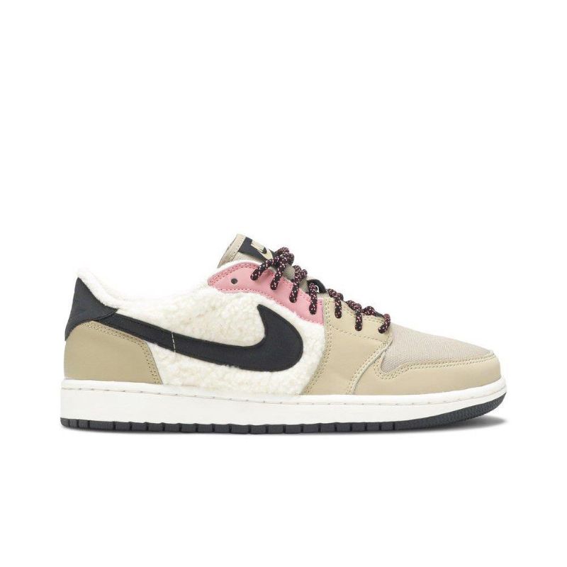 Air Jordan 1 Retro Low Fleece Beige Sort Lyserød Hvid Sko Dame