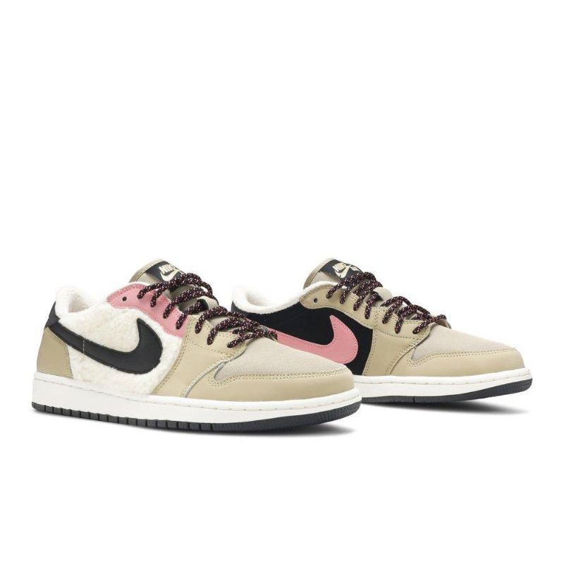 Air Jordan 1 Retro Low Fleece Beige Sort Lyserød Hvid Sko Dame